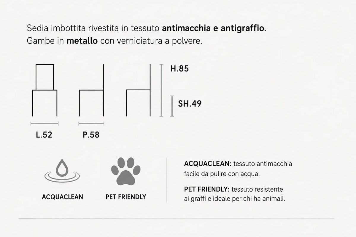 Set da 2 Sedie Bella imbottite in tessuto Acquaclean antimacchia e Pet Friendly disponibili nelle varianti Tortora con gambe Cashmere, Verde Bosco con gambe Nero e Antracite con gambe Nero.