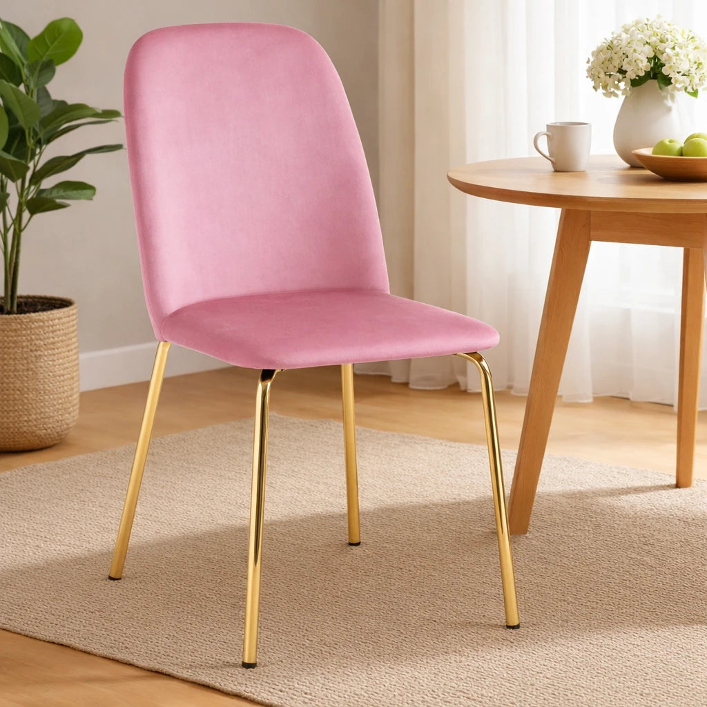 Set 2 sedie Calira in velluto rosa imbottite con gambe oro design moderno elegante per sala da pranzo