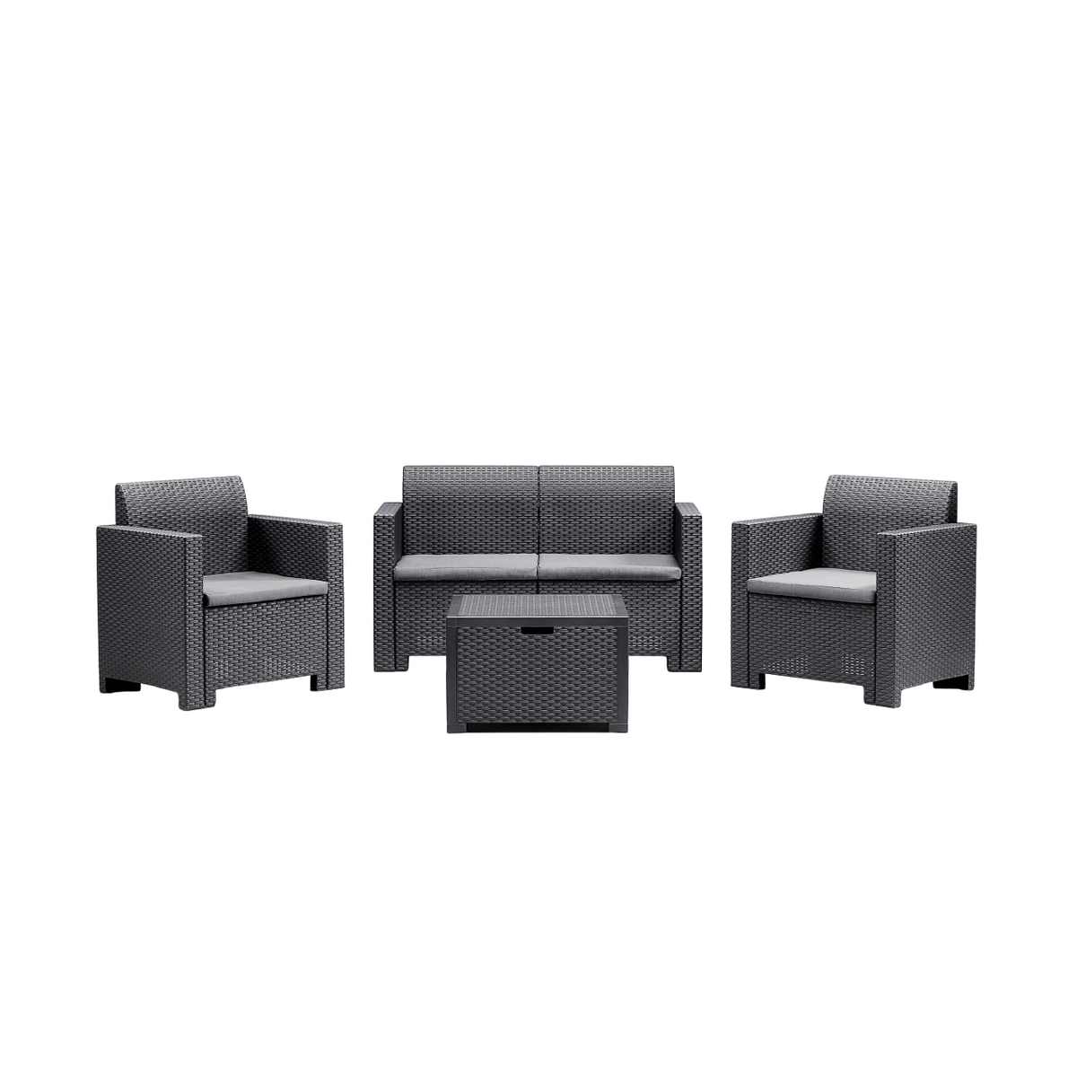 Set salottino da esterno Nebraska con divano 2 posti, 2 poltrone, tavolino e cuscini sfoderabili in rattan
