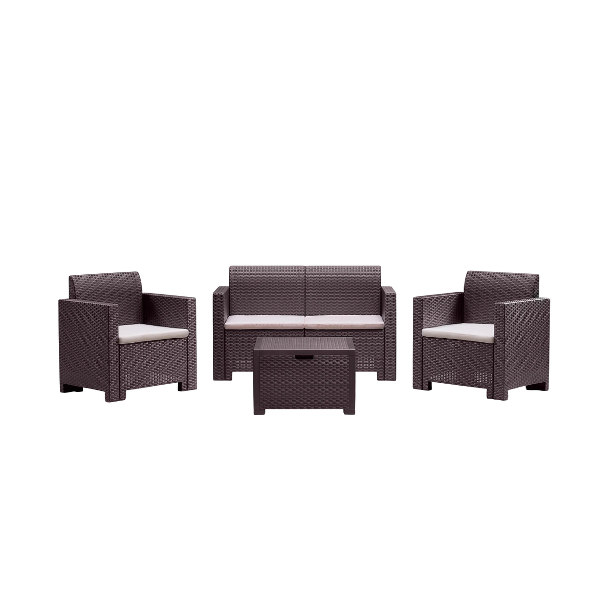 Set salottino da esterno Nebraska con divano 2 posti, 2 poltrone, tavolino e cuscini sfoderabili in rattan