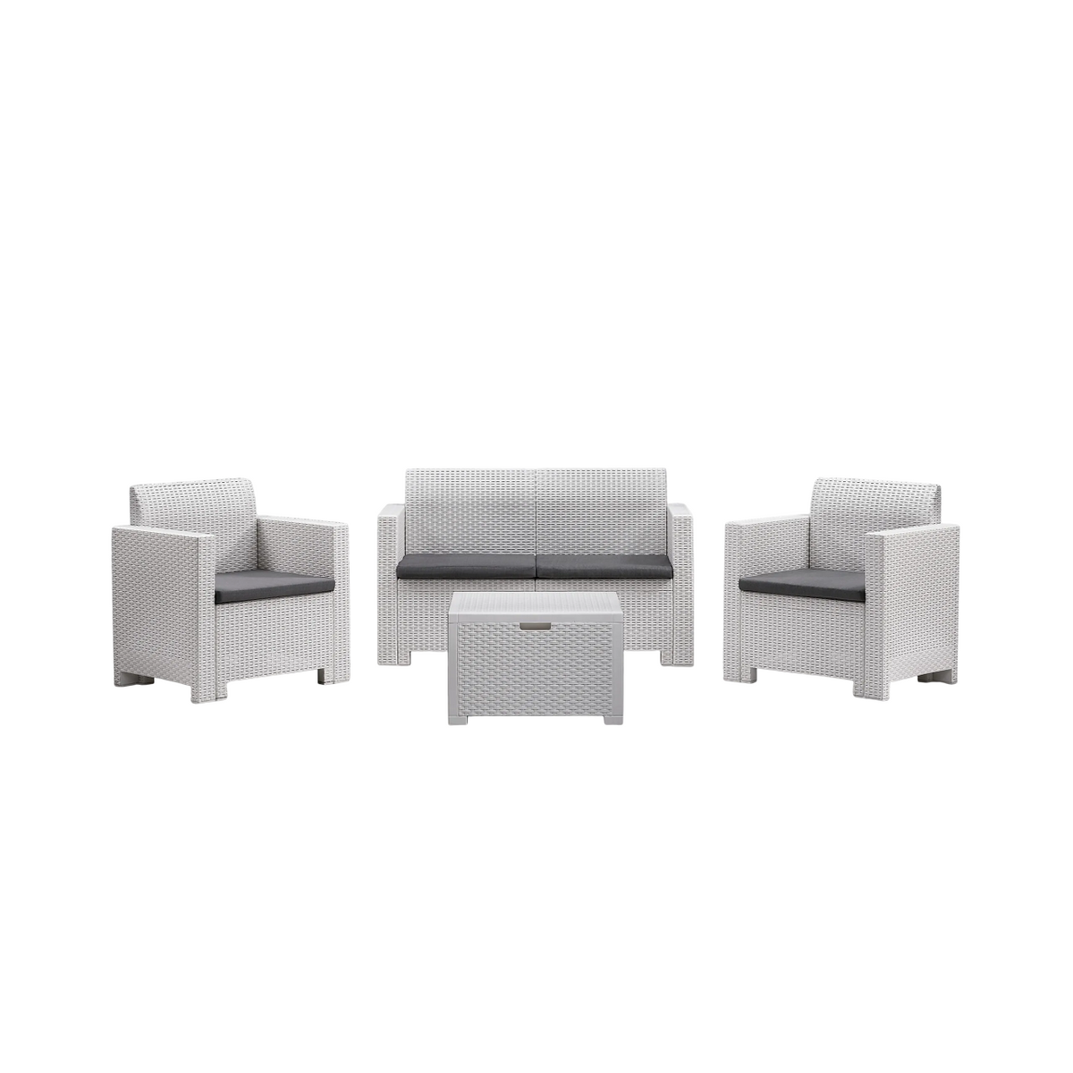Set salottino da esterno Nebraska con divano 2 posti, 2 poltrone, tavolino e cuscini sfoderabili in rattan