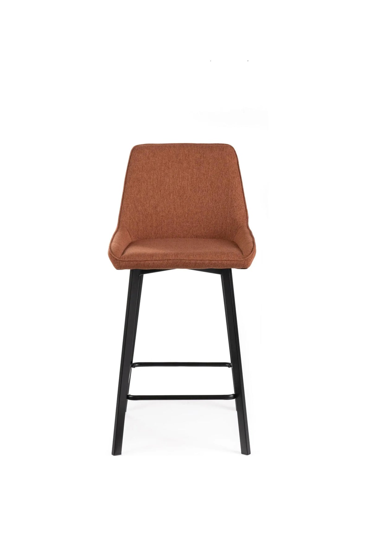 Sgabello Fox con seduta imbottita in tessuto e poggiapiedi in metallo, ideale per cucina o angolo bar