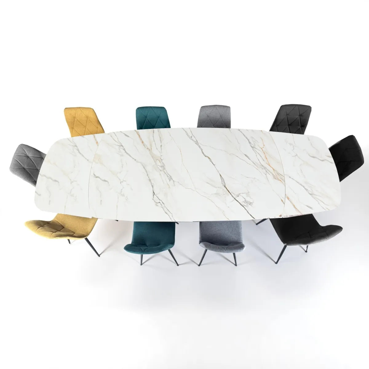 Tavolo allungabile Gemini con piano in ceramica finitura Marmo Oro opaco e basamento Platino opaco