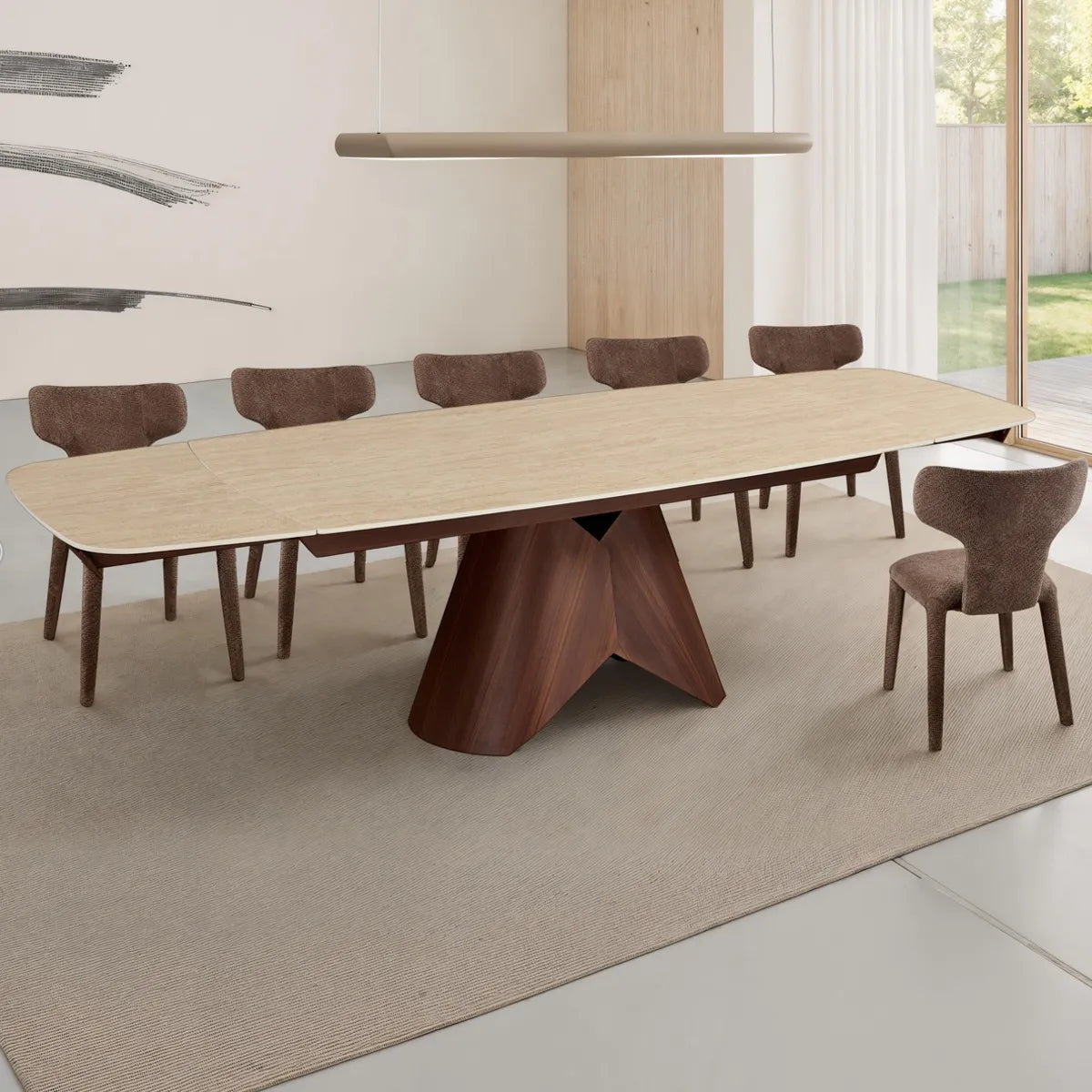 Tavolo allungabile Peonia con piano in ceramica Travertino opaco e base effetto Noce