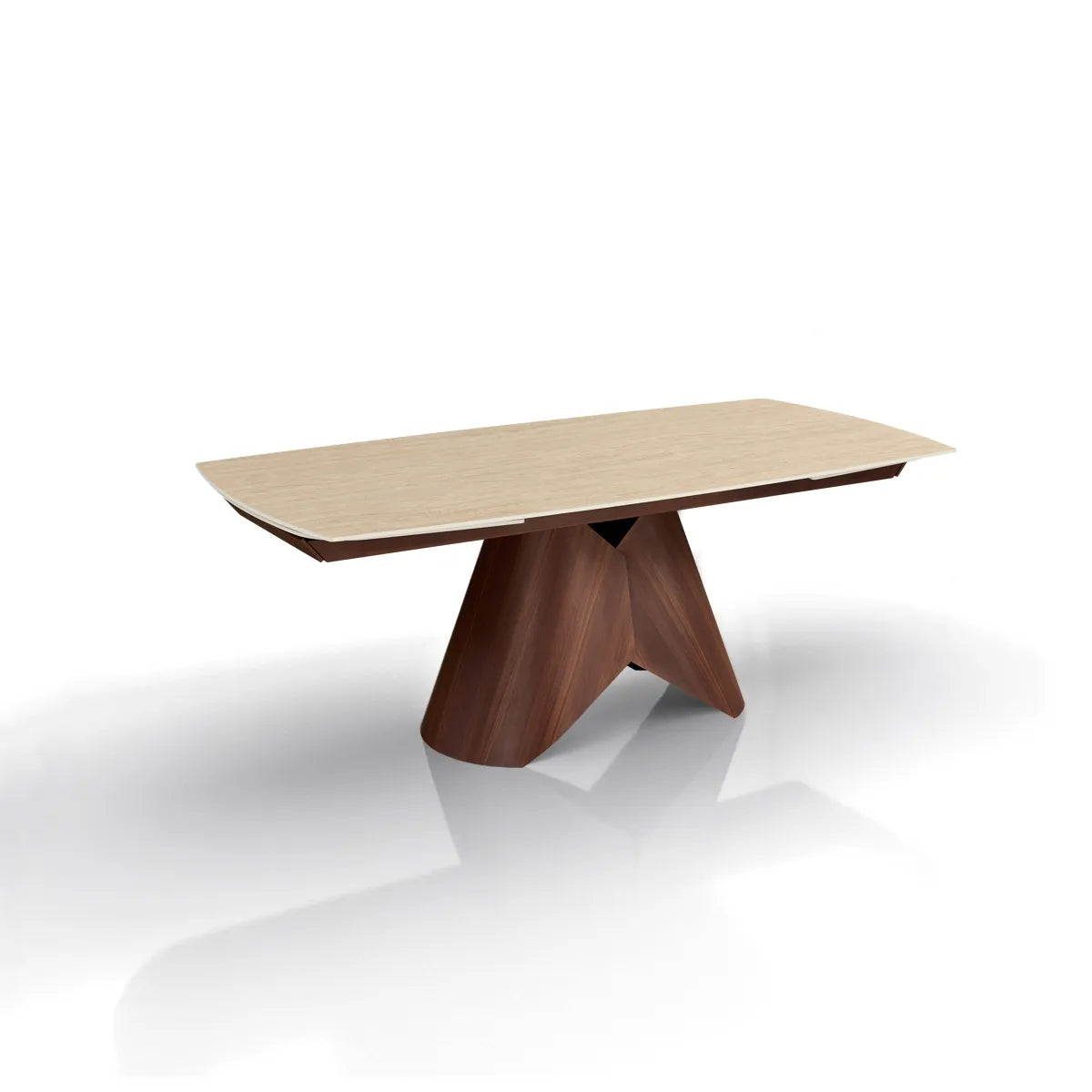 Tavolo allungabile Peonia con piano in ceramica Travertino opaco e base effetto Noce