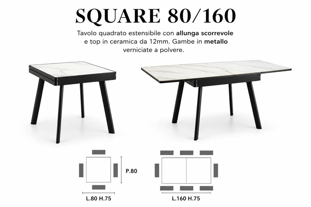 Tavolo allungabile Square 80/160 con piano in ceramica effetto marmo e struttura in metallo verniciato a polvere.