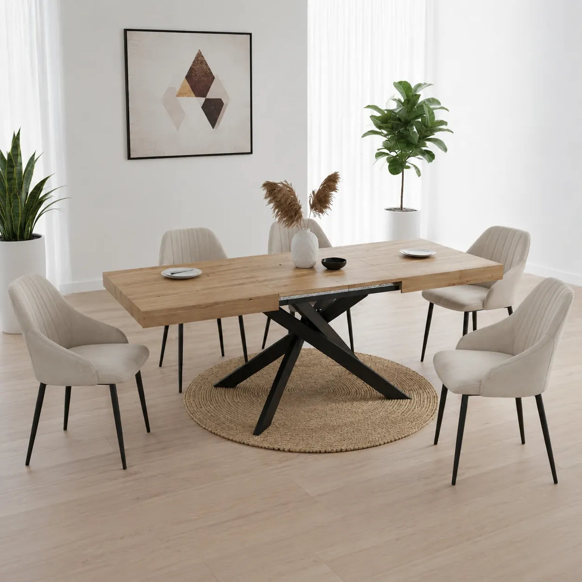 Tavolo allungabile Tokyo con struttura in metallo bianco e piano disponibile in rovere nodato, marmo carrara e cemento.