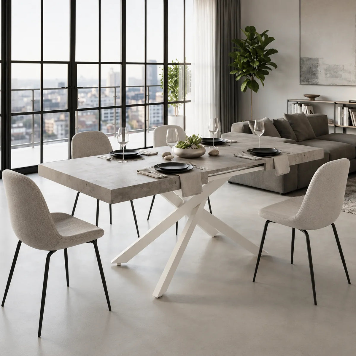 Tavolo allungabile Tokyo con struttura in metallo bianco e piano disponibile in rovere nodato, marmo carrara e cemento.