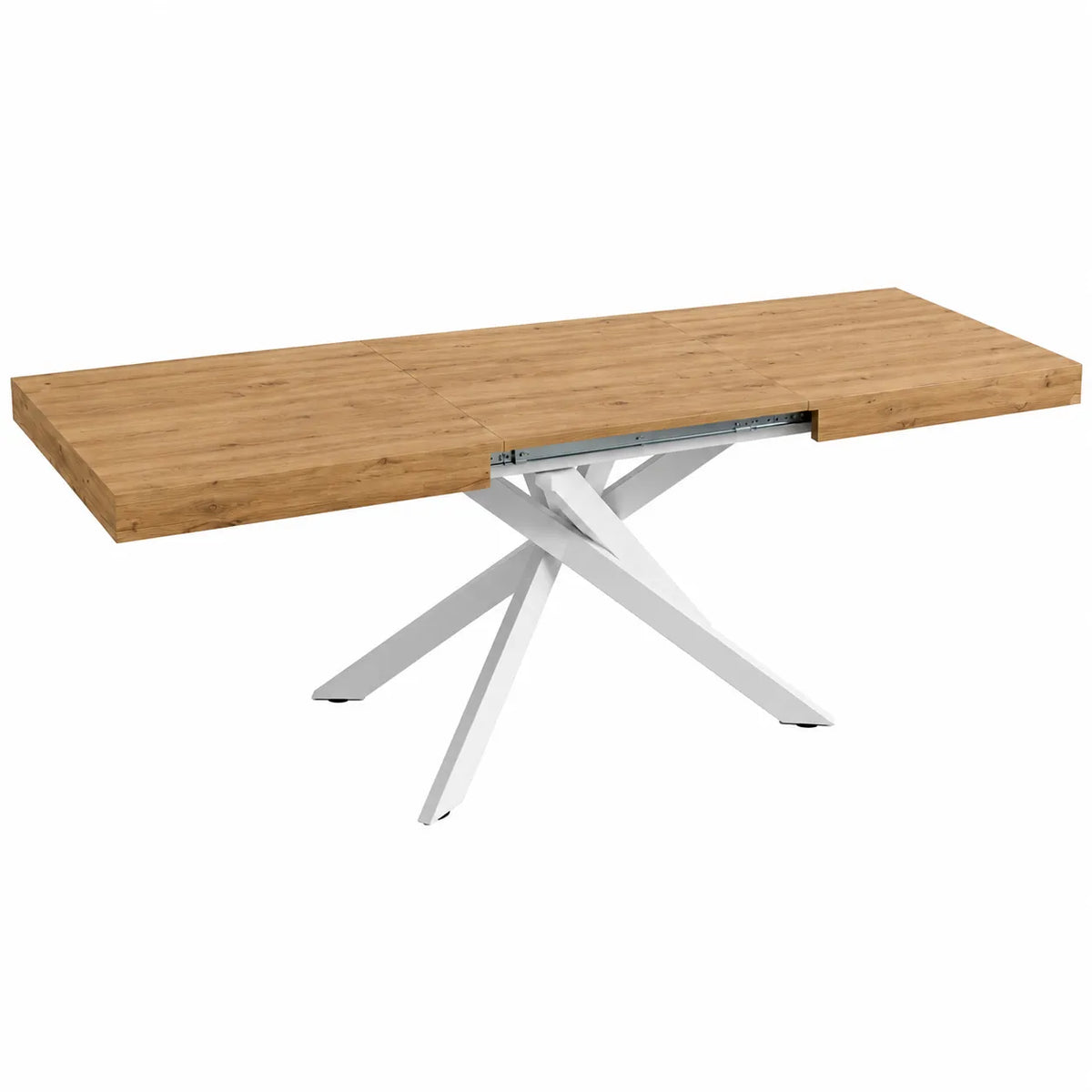 Tavolo allungabile Tokyo con struttura in metallo bianco e piano disponibile in rovere nodato, marmo carrara e cemento.