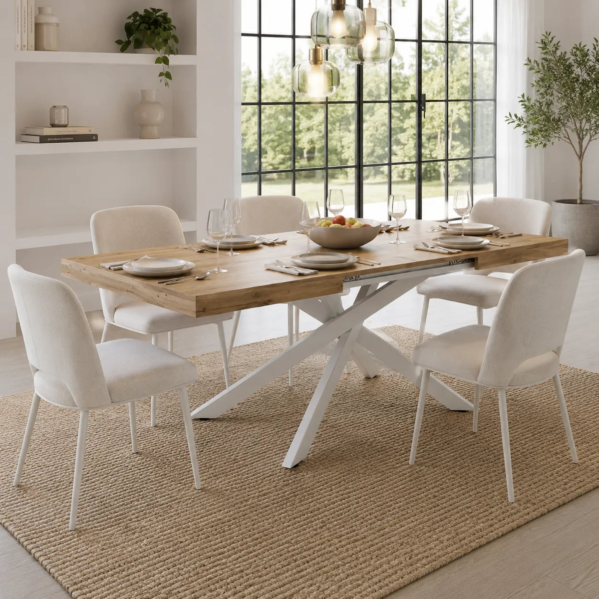 Tavolo allungabile Tokyo con struttura in metallo bianco e piano disponibile in rovere nodato, marmo carrara e cemento.