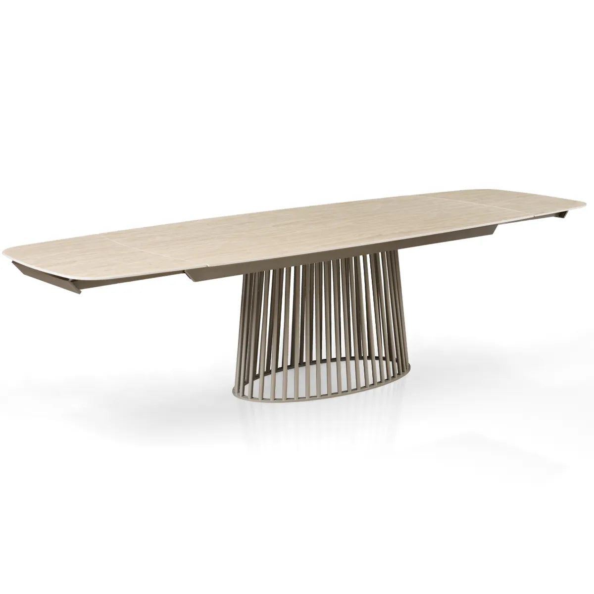 Tavolo allungabile Tom con piano in ceramica Travertino opaco e basamento in metallo Platino