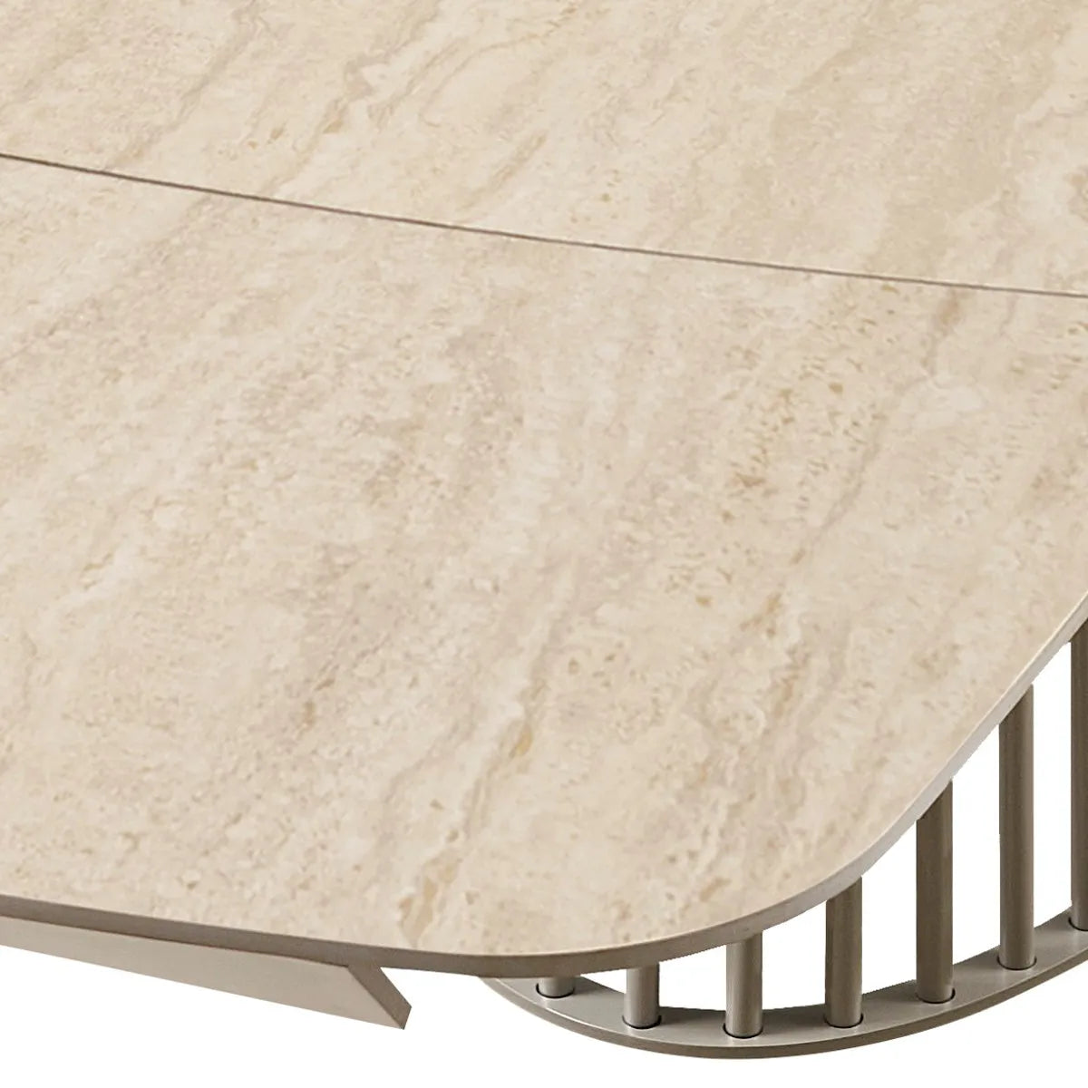 Tavolo allungabile Tom con piano in ceramica Travertino opaco e basamento in metallo Platino