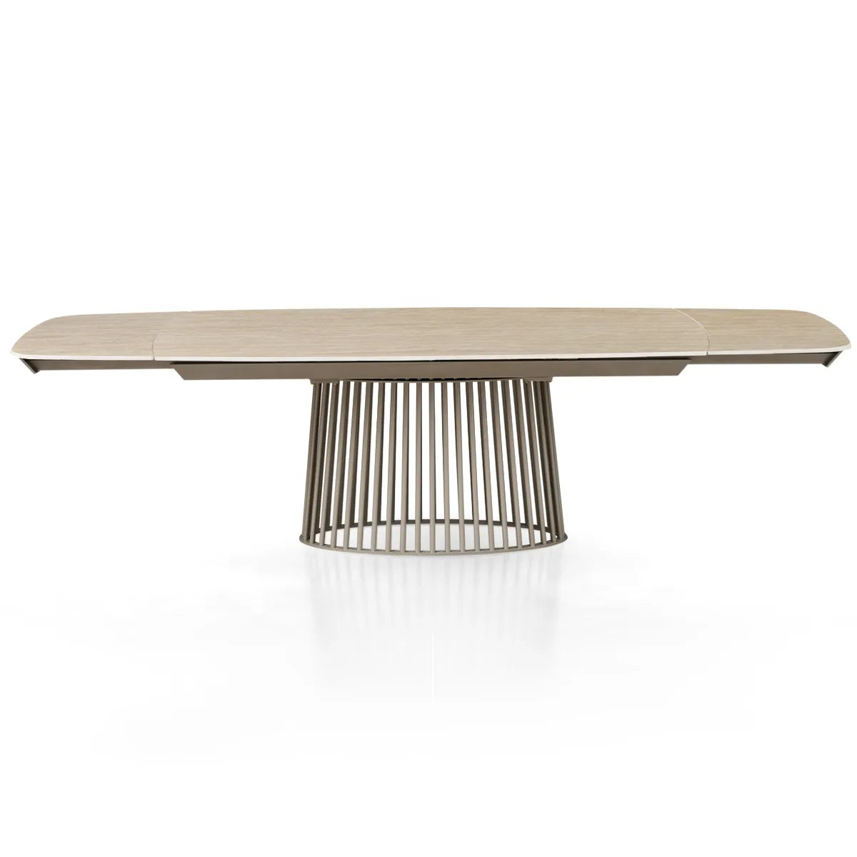 Tavolo allungabile Tom con piano in ceramica Travertino opaco e basamento in metallo Platino