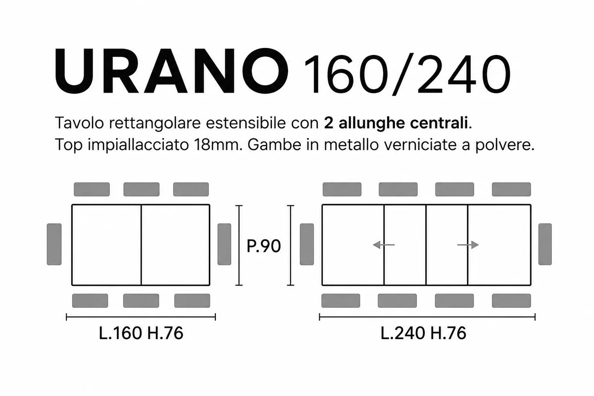 Tavolo allungabile Urano 160/240 cm con piano impiallacciato e struttura in metallo disponibile nelle finiture Noce/Nero, Rovere/Nero e Rovere/Bianco.
