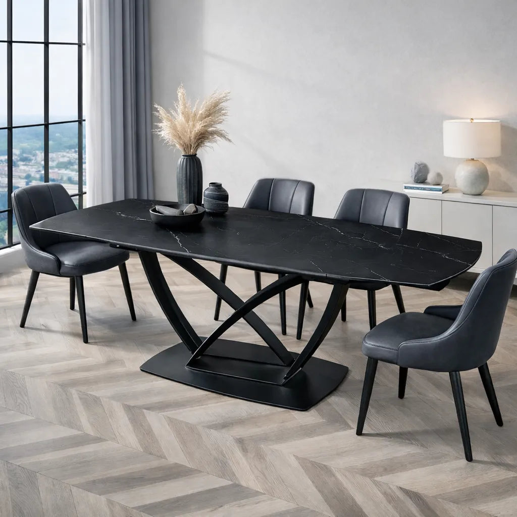 Tavolo Angel 160 cm allungabile a 240 cm, con piano in ceramica effetto marmo nero creta a e struttura nero.