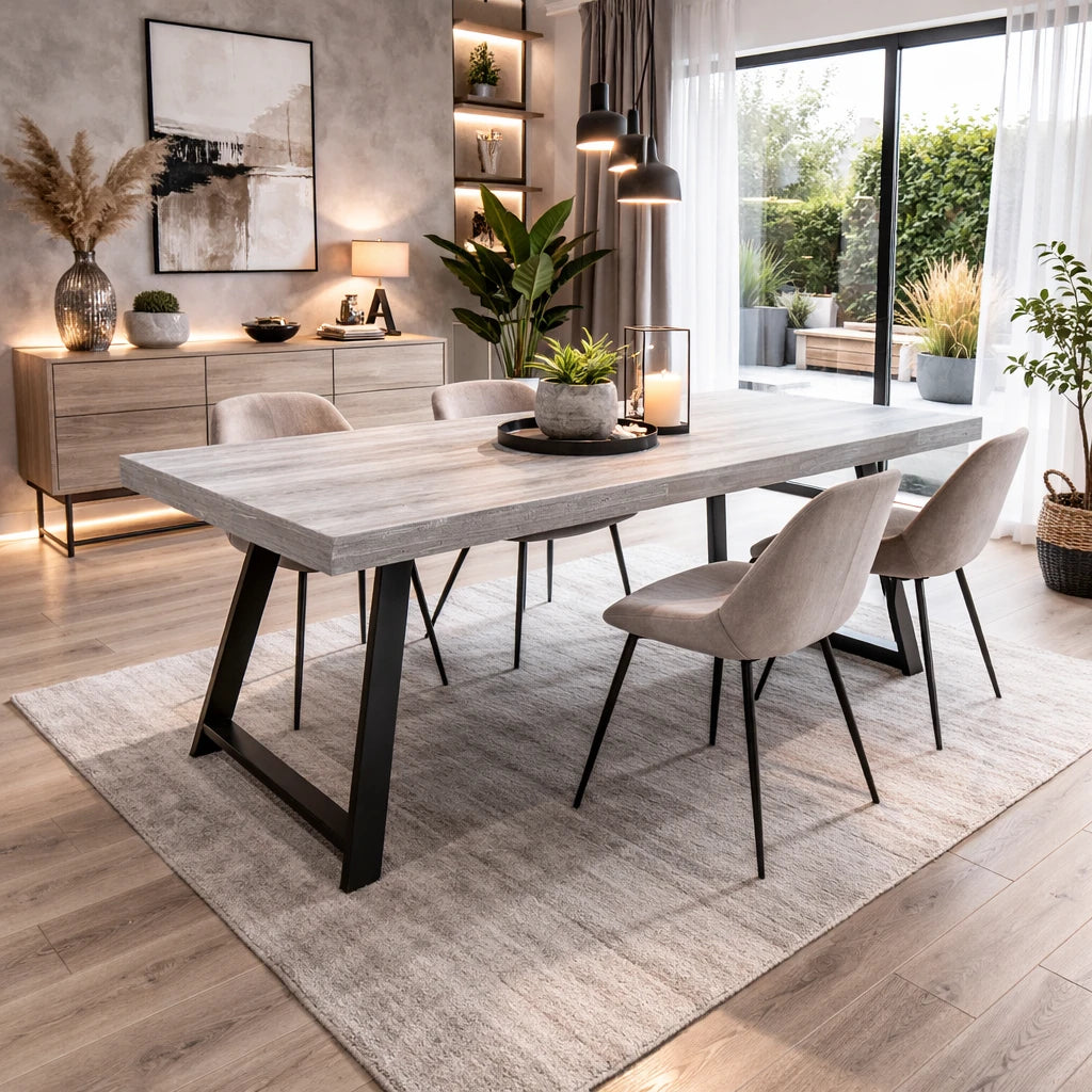 Tavolo Arbusto 180x90 in legno massello spessore 8 cm con gambe in metallo nero disponibile rovere chiaro o noce