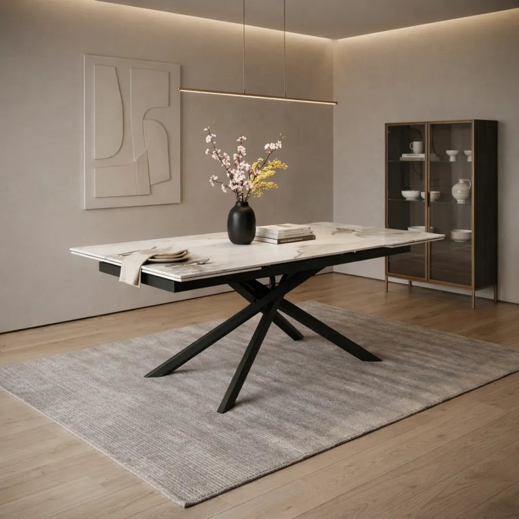 Tavolo George allungabile con piano in ceramica effetto marmo e base in metallo nero design incrociato moderno