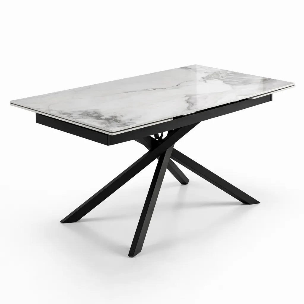 Tavolo George allungabile con piano in ceramica effetto marmo e base in metallo nero design incrociato moderno