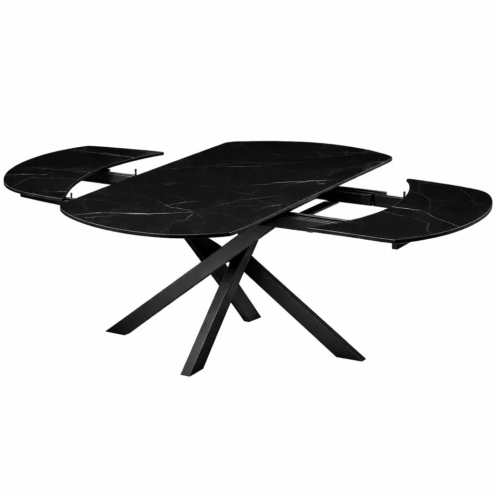 Tavolo allungabile Giove 140/200 cm con piano in ceramica effetto Marmo Nero Creta e struttura in metallo nero.
