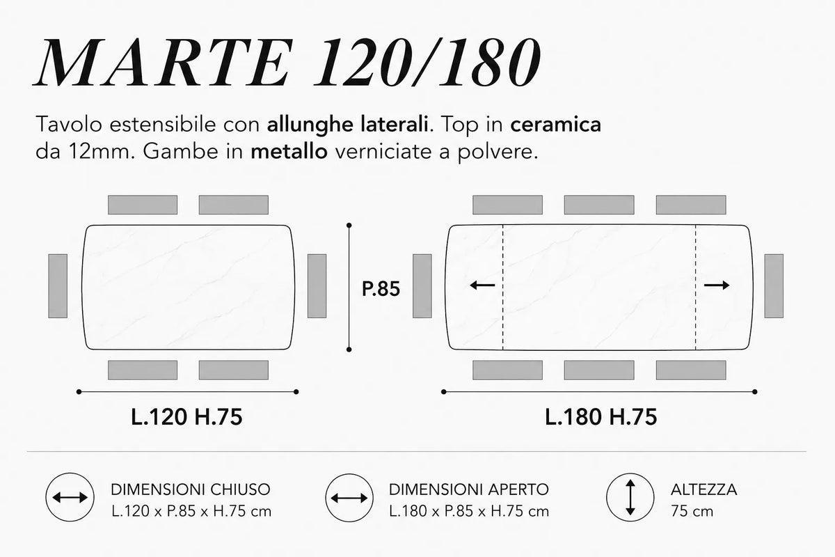 Tavolo allungabile Marte 180/200 cm con piano in ceramica effetto Marmo Nero Creta e struttura in metallo nero.