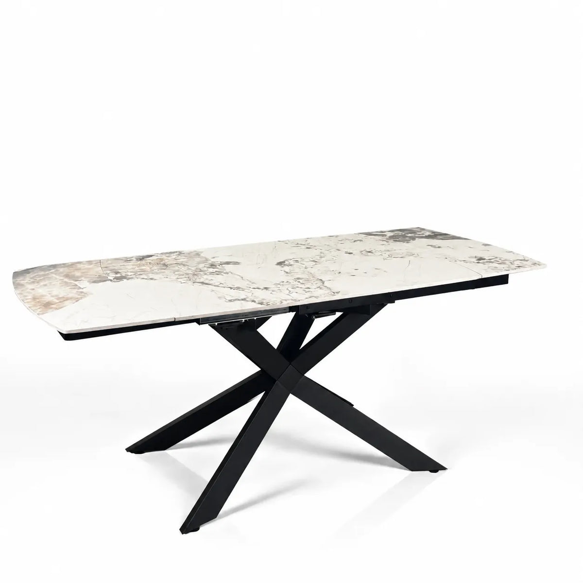 Tavolo Mykonos ovale allungabile con piano in ceramica effetto marmo Onice lucido e basamento nero