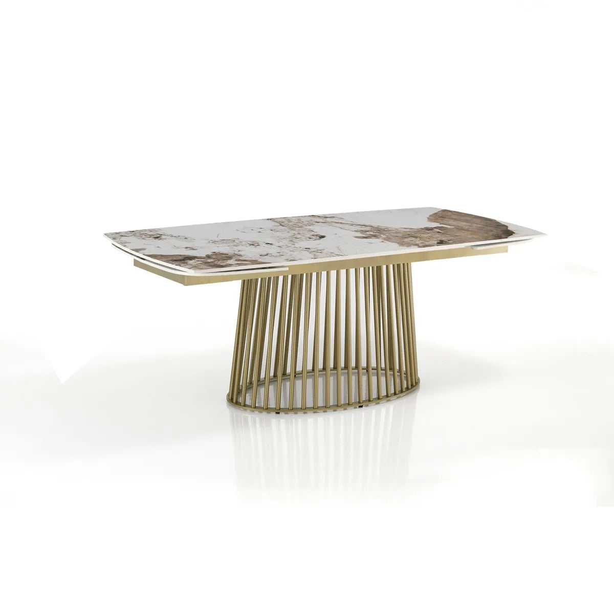 Tavolo Odisseo allungabile con piano in ceramica effetto marmo Onice lucido e basamento Champagne Oro opaco