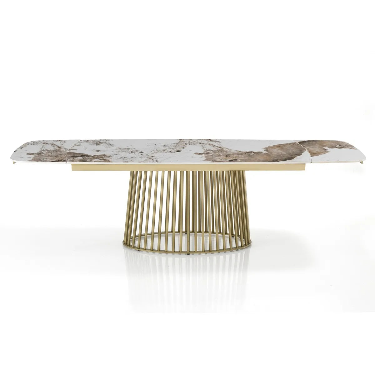 Tavolo Odisseo allungabile con piano in ceramica effetto marmo Onice lucido e basamento Champagne Oro opaco