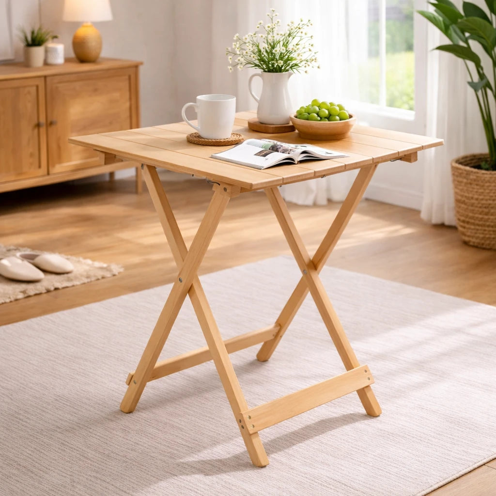 Tavolo pieghevole in legno naturale 60x95 cm per giardino, casa e campeggio