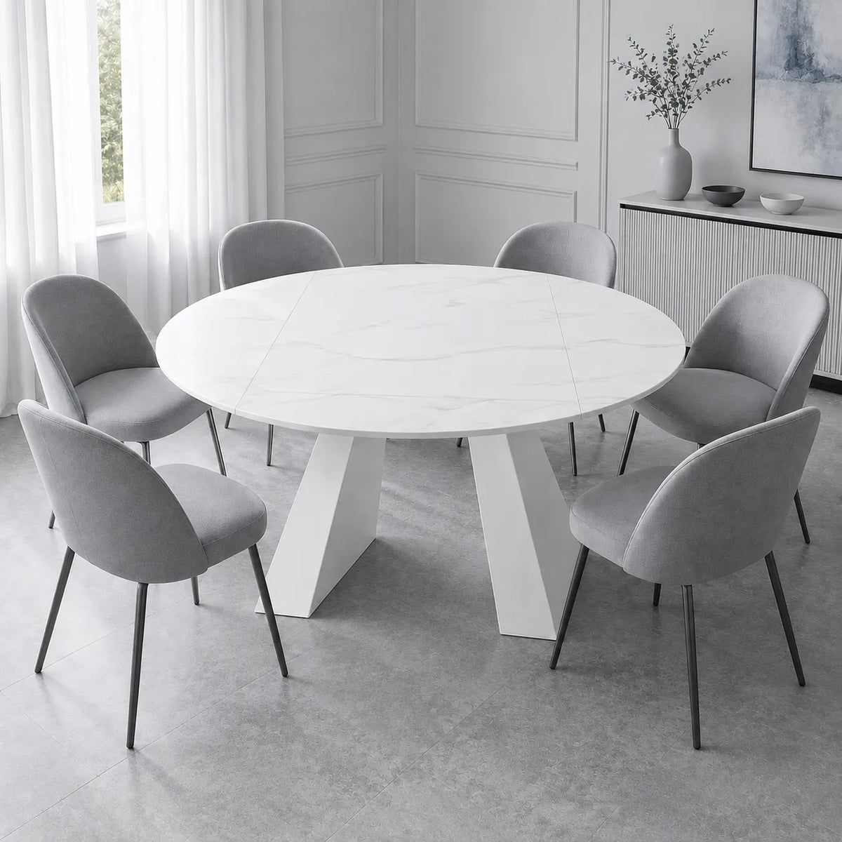 Tavolo Space allungabile con apertura rotante, piano in ceramica e due allunghe integrate, da 150 × 90 cm a rotondo Ø 150 cm