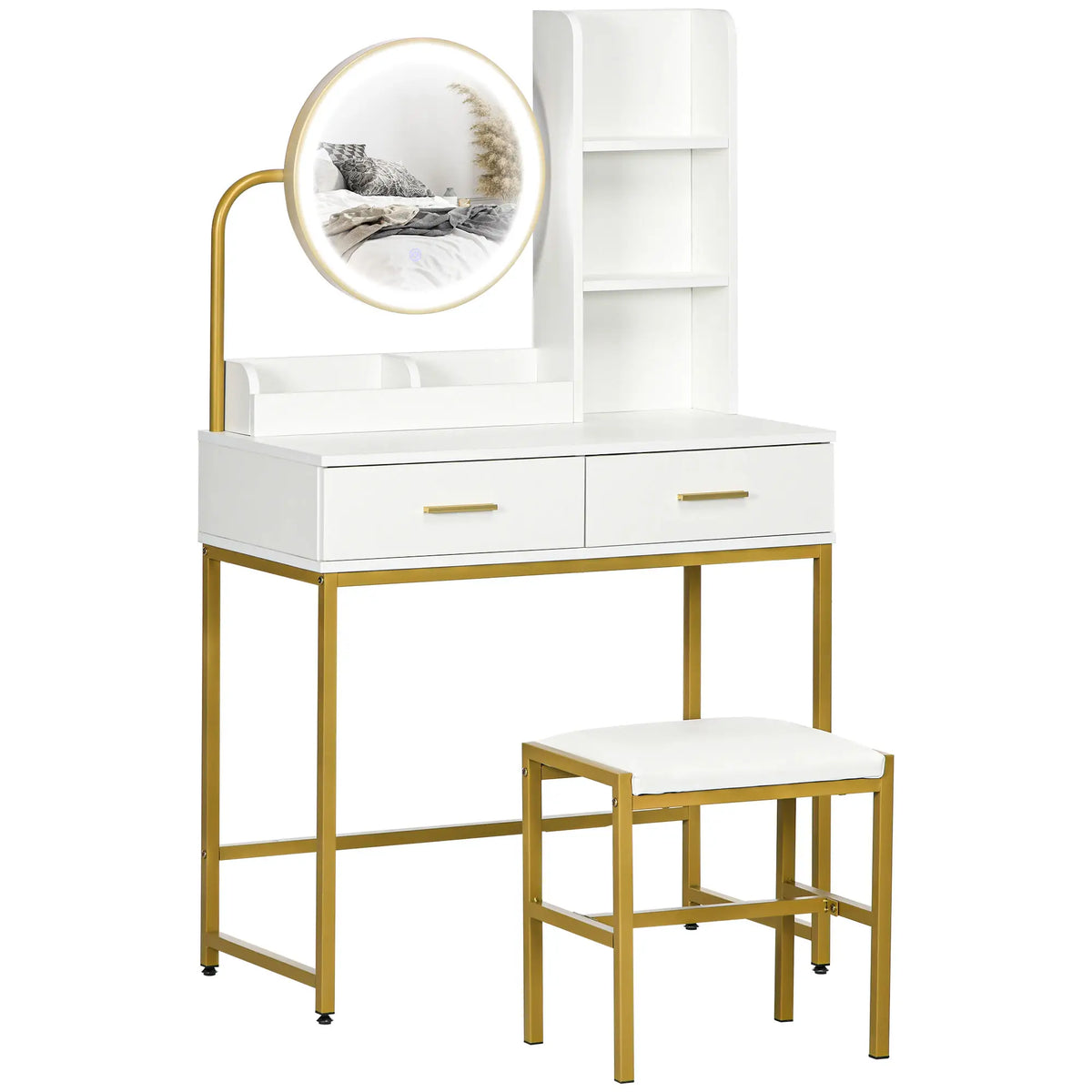 Toeletta trucco bianca con specchio rotondo LED touch, 2 cassetti, 5 vani e sgabello imbottito, perfetta per camera da letto elegante.