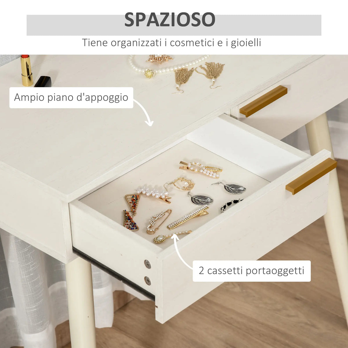 Toeletta bianca con specchio tondo dorato, 2 cassetti portaoggetti e gambe in legno, ideale per postazione trucco elegante.