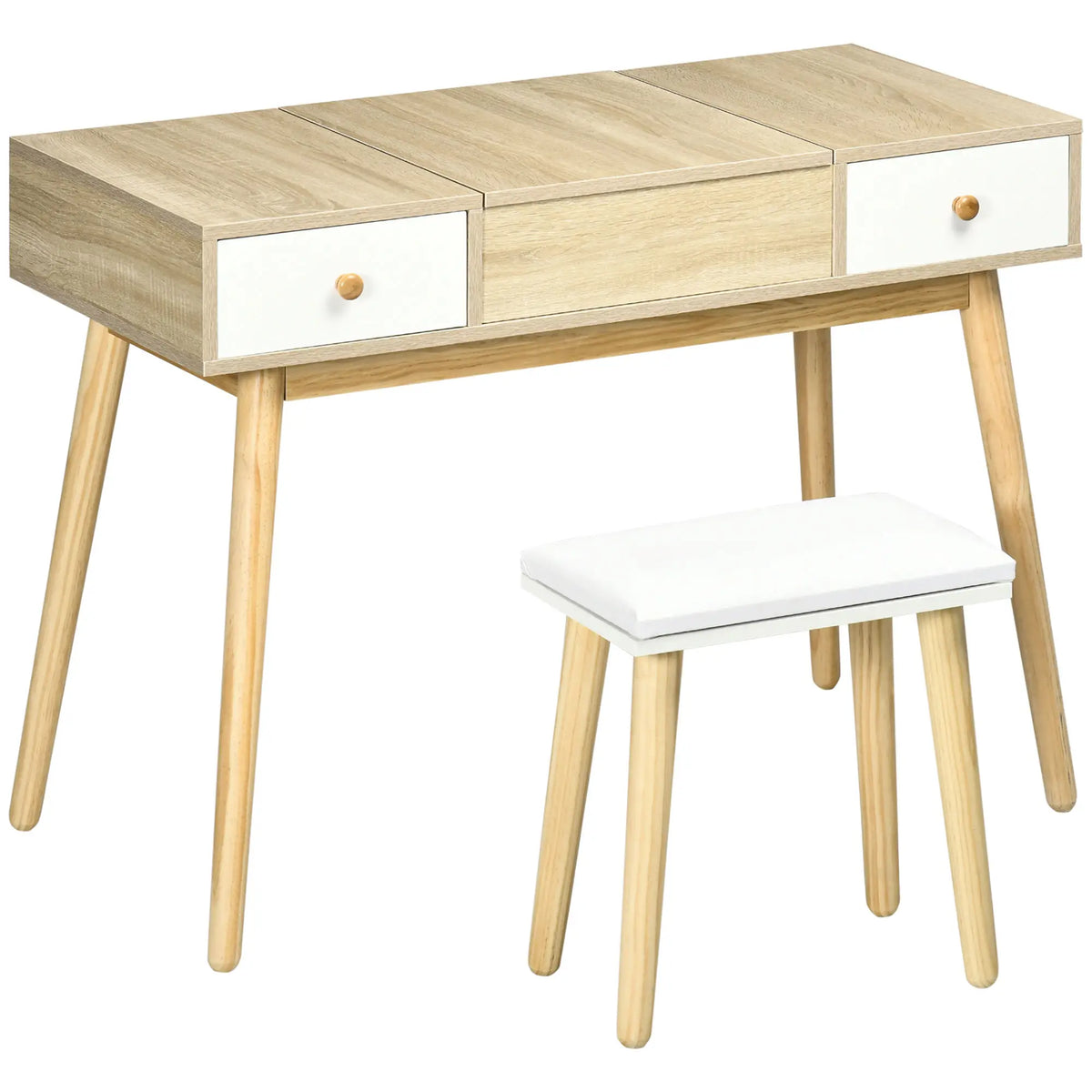 Toeletta color legno con specchio estraibile, 2 cassetti, organizer per gioielli e sgabello imbottito, ideale per postazione trucco moderna.