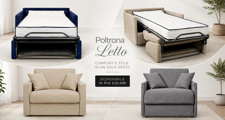 Poltrona letto salvaspazio con braccioli sottili o tradizionali, mostrata chiusa e aperta con materasso alto 18 cm