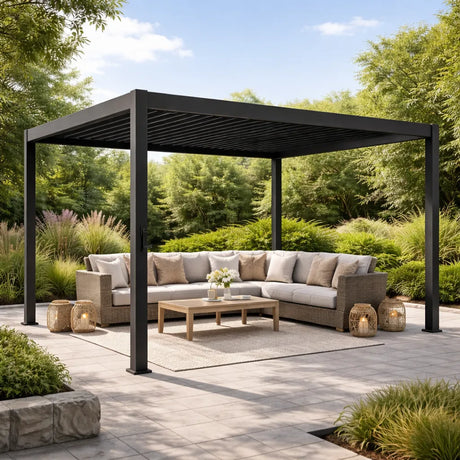Pergola bioclimatica da giardino 3x4 metri in alluminio bianco con lamelle orientabili, struttura moderna per terrazza o patio.