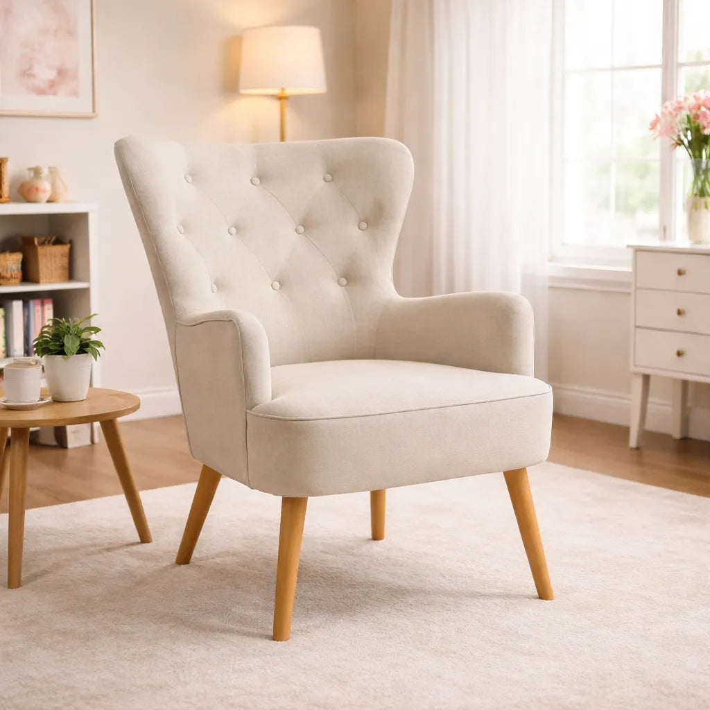 Poltrona Giulietta in tessuto Oxford antimacchia con schienale ergonomico trapuntato e piedini in legno, ideale per soggiorno, studio o camera da letto.