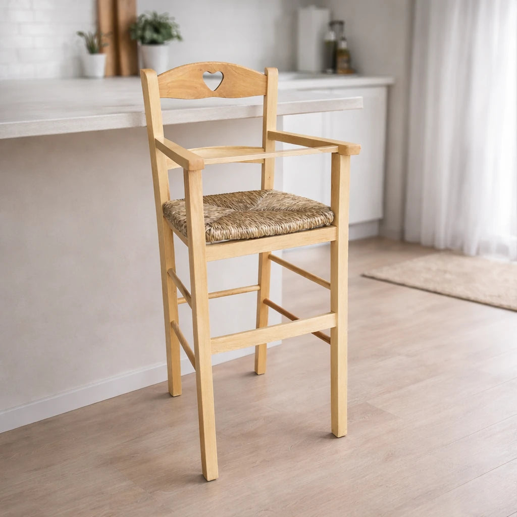 Seggiolone in legno di faggio per bambini con seduta in paglia intrecciata, stile rustico classico