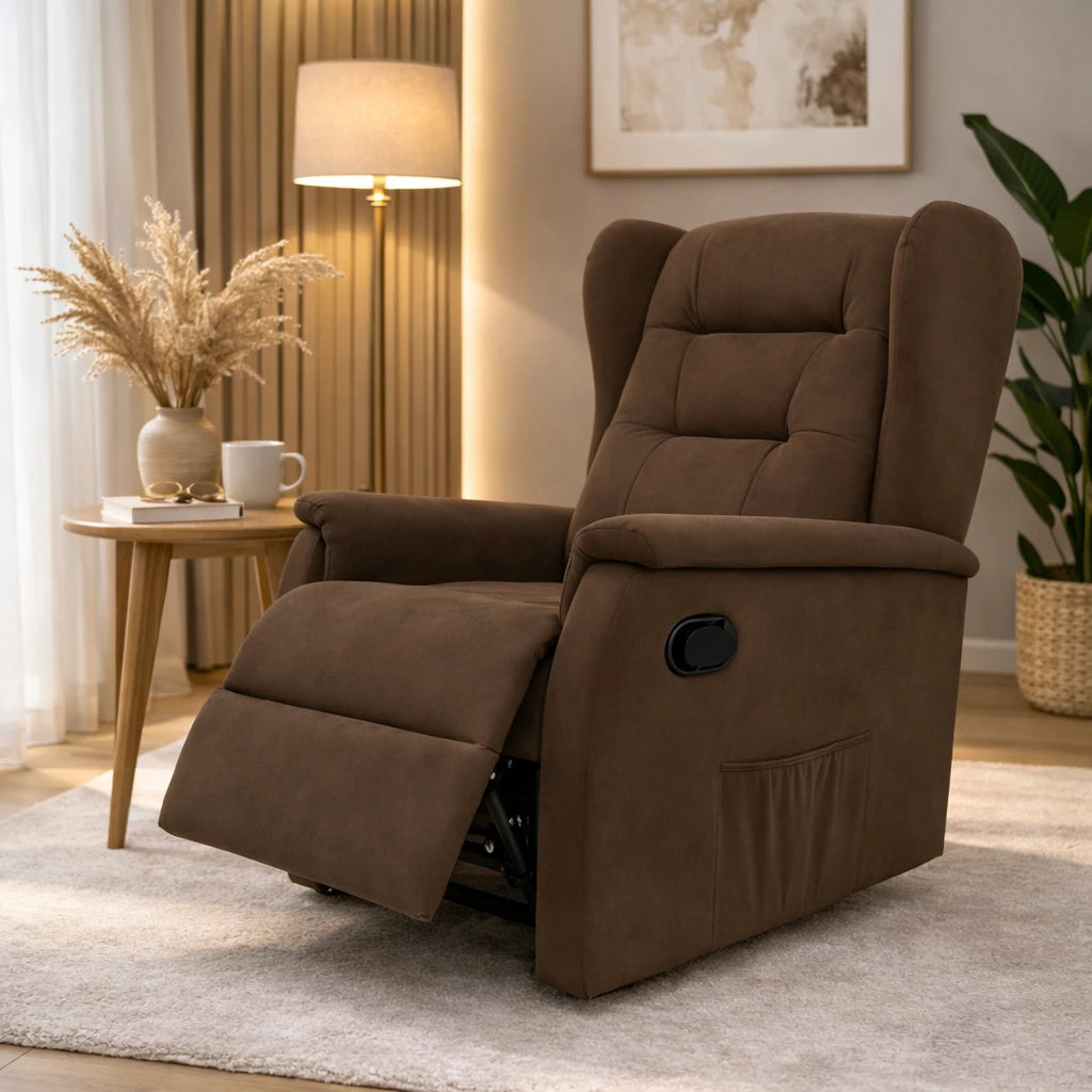 Poltrona relax Ariel in tessuto, reclinabile manualmente con leva laterale, design moderno e schienale alto