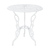 Set da giardino vintage 3 pezzi in alluminio bianco, composto da tavolo con foro per ombrellone e due sedie decorate in stile floreale
