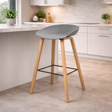 Sgabello moderno Daxer bianco con seduta in plastica e gambe in legno di faggio stile nordico