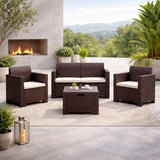 Set salottino da esterno Nebraska con divano 2 posti, 2 poltrone, tavolino e cuscini sfoderabili in rattan