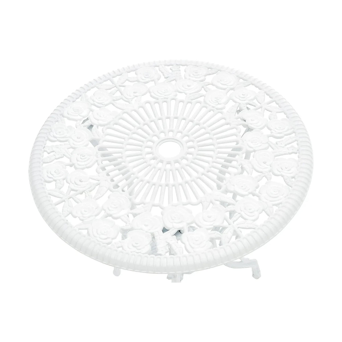 Set da giardino vintage 3 pezzi in alluminio bianco, composto da tavolo con foro per ombrellone e due sedie decorate in stile floreale
