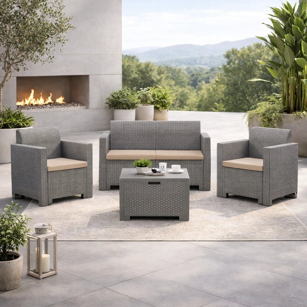 Set salottino da esterno Nebraska con divano 2 posti, 2 poltrone, tavolino e cuscini sfoderabili in rattan
