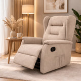 Poltrona relax Ariel in tessuto, reclinabile manualmente con leva laterale, design moderno e schienale alto