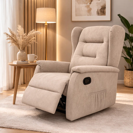 Poltrona relax Ariel in tessuto, reclinabile manualmente con leva laterale, design moderno e schienale alto