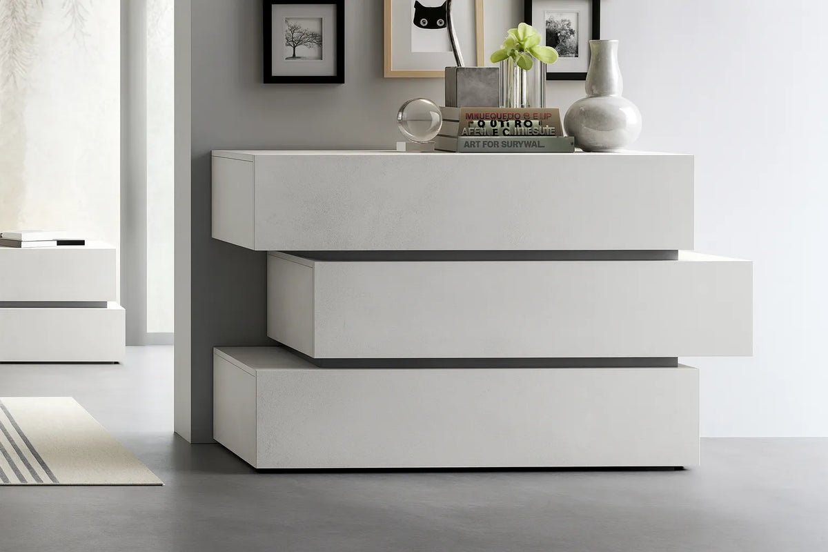 Camera da letto moderna Ancona in finitura cemento bianco e grigio con letto contenitore