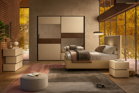 Camera da letto moderna Bologna con letto con e senza contenitore, armadio scorrevole, comò e comodini noce e cashmere