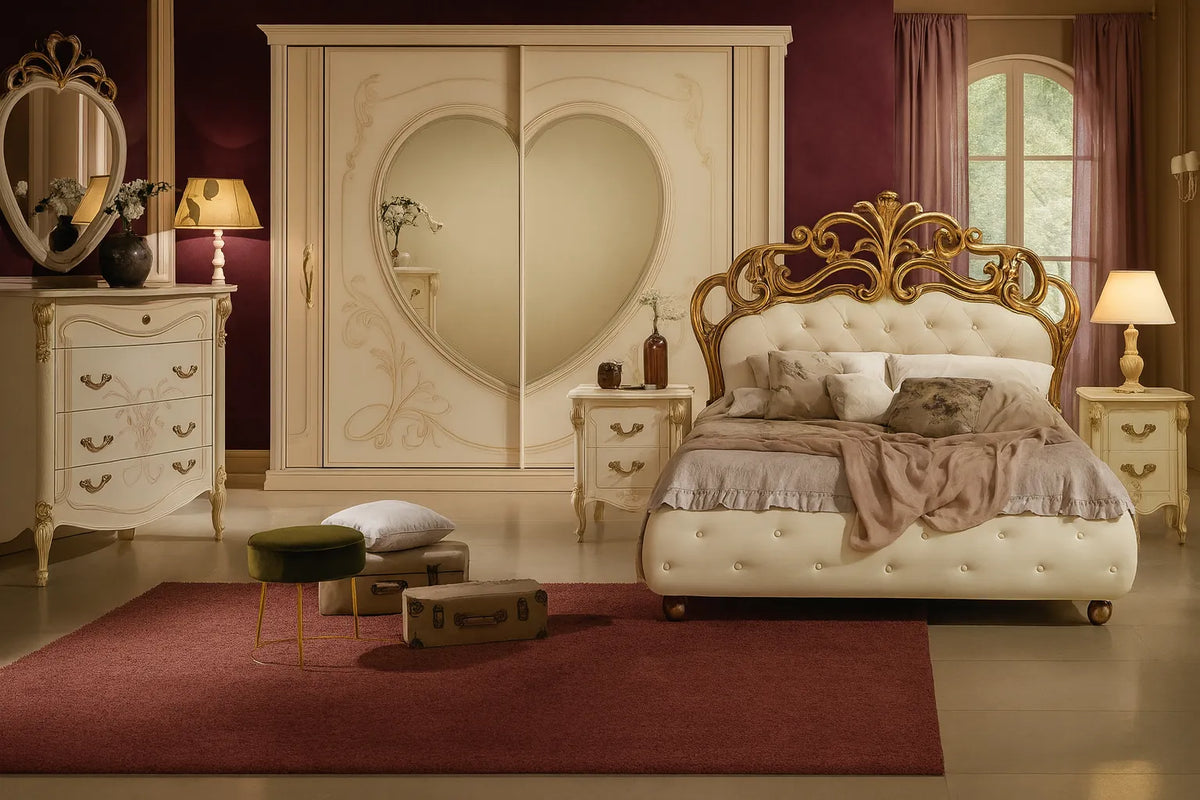 Camera da Letto Catania patinato beige con letto contenitore e armadio a cuore – Europa Mobili