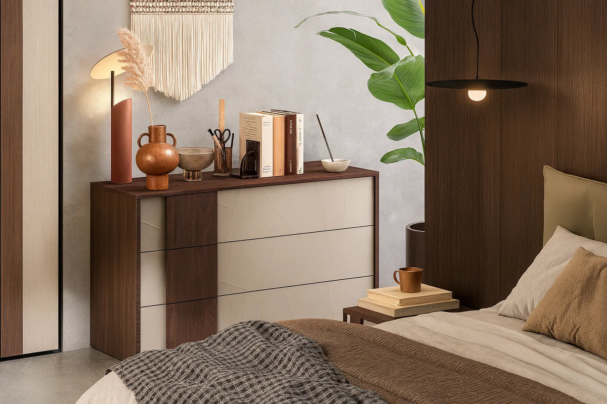 Camera da letto moderna Dubai con letto contenitore e armadio battente finitura noce e canapa frassinato con specchi