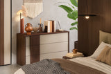 Camera da letto moderna Dubai con letto contenitore e armadio battente finitura noce e canapa frassinato con specchi