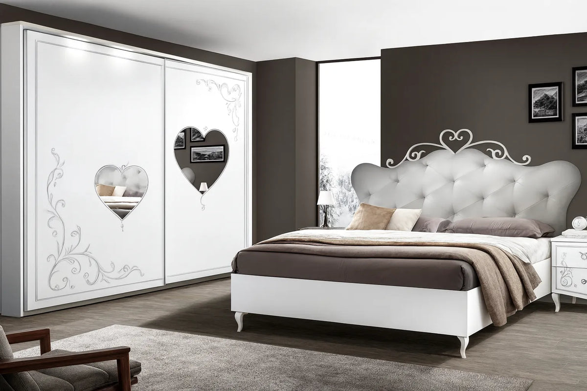 Camera da Letto Dublino Bianca con o senza contenitore, finitura bianco frassinato con serigrafia argento – Europa Mobili